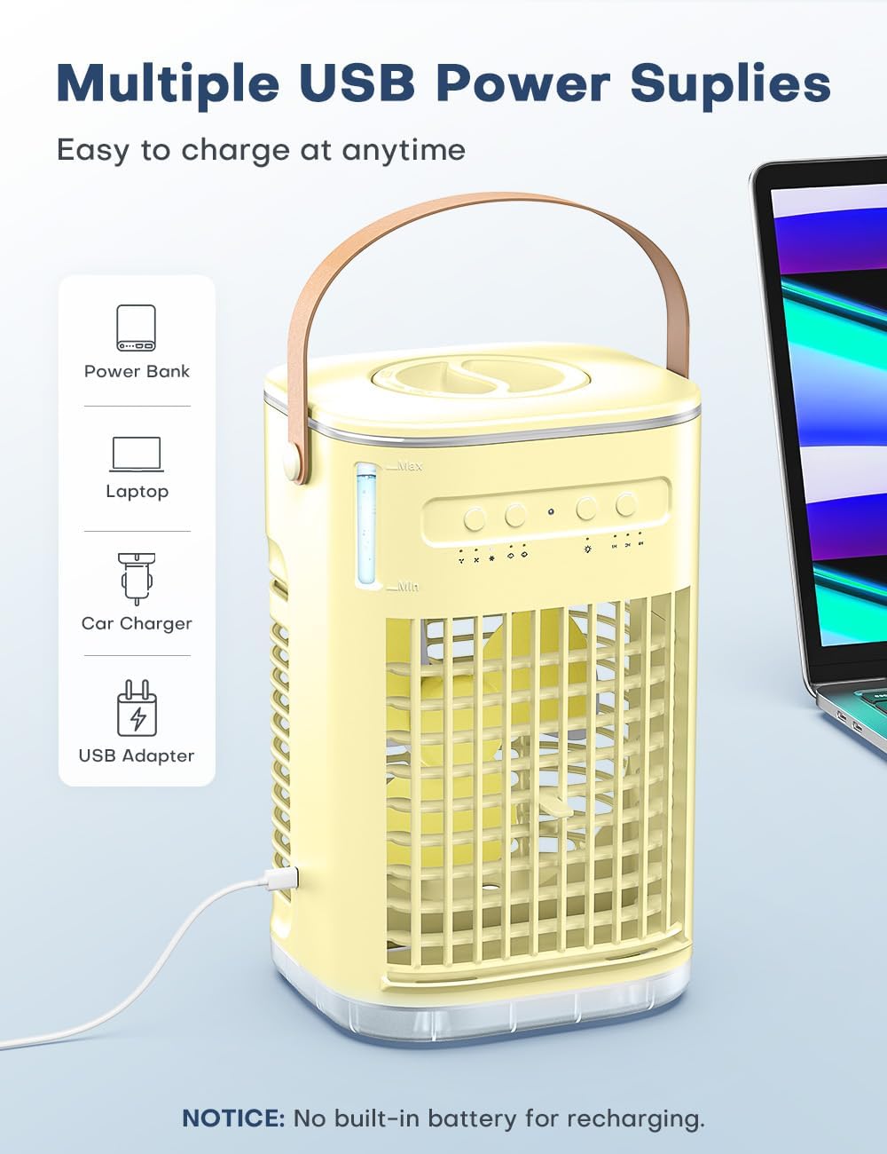 FANCOLE Mini Air Conditioner, 3 IN 1 Portable Desk Fan w/5400mAh Battery, 3 Speeds, Remote Control, Night Light, USB Powered Evaporative Air Cooler, Personal Air Conditioner for Bedroom Yellow