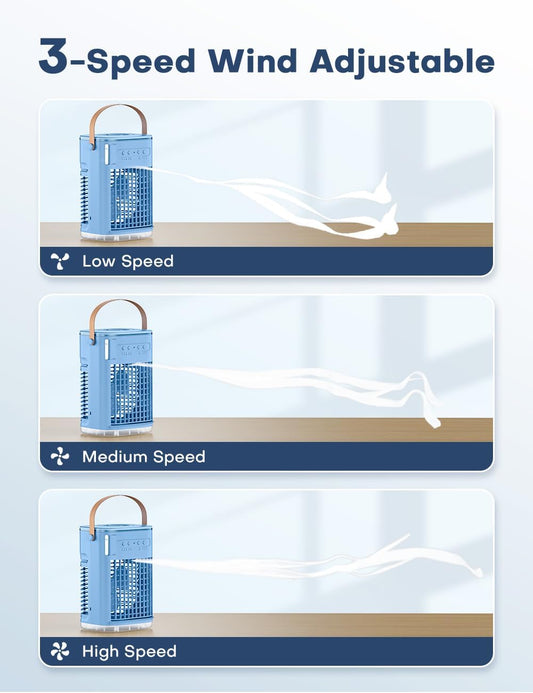 FANCOLE 3-IN-1 Personal Air Conditioner with Remote, 3 Speeds, 7-Color Night Light, USB Powered Small Air Cooler, Quiet & Powerful Cooling Fan - Blue