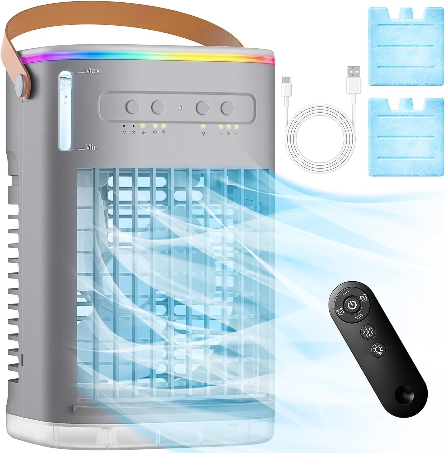 FANCOLE Mini Air Conditioner, Personal Air Cooler w/ 7-Color Night Light,2-Level Humidify,3 Speeds,USB Powered Evaporative Air Cooler, Small Desktop Air Conditioner Portable for Room Bedroom Grey