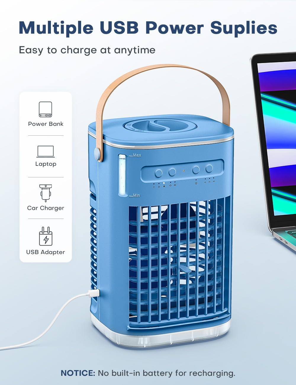 FANCOLE Small Air Conditioner, 5400mAh Built-in Battery Evaporative Air Cooler, 2 Ice Packs, 7H Timer Smart Auto-Off &Remote, 7 Lights, 1200ML Water Tank, 2-Level Mists,Personal Air Cooler Blue
