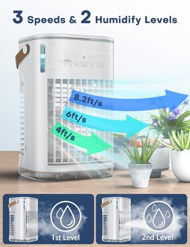 FANCOLE Small Air Conditioner, 5400mAh Built-in Battery Evaporative Air Cooler, 2 Ice Packs, 7H Timer Smart Auto-Off &Remote, 7 Lights, 1200ML Water Tank, 2-Level Mists, 3-Speed Personal Air Conditioner