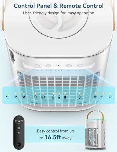 FANCOLE Mini Air Conditioner, 3 IN 1 Portable Desk Fan w/5400mAh Battery, 3 Speeds, Remote Control, Night Light, USB Powered Evaporative Air Cooler, Personal Air Conditioner for Room Bedroom Office