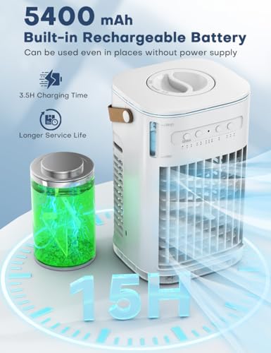 FANCOLE Small Air Conditioner, 5400mAh Built-in Battery Evaporative Air Cooler, 2 Ice Packs, 7H Timer Smart Auto-Off &Remote, 7 Lights, 1200ML Water Tank, 2-Level Mists, 3-Speed Personal Air Conditioner
