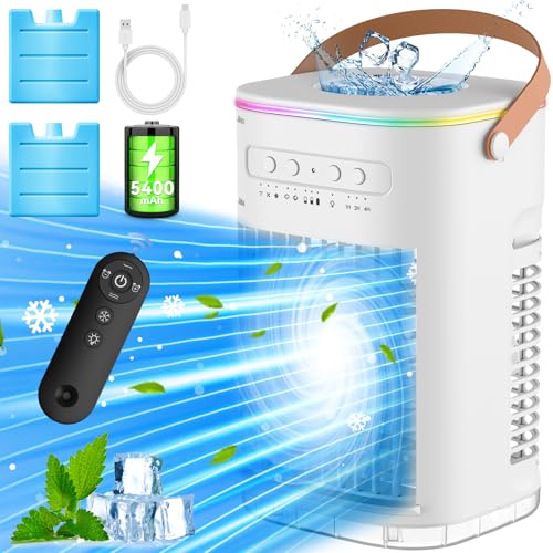 FANCOLE Small Air Conditioner, 5400mAh Built-in Battery Evaporative Air Cooler, 2 Ice Packs, 7H Timer Smart Auto-Off &Remote, 7 Lights, 1200ML Water Tank, 2-Level Mists, 3-Speed Personal Air Conditioner