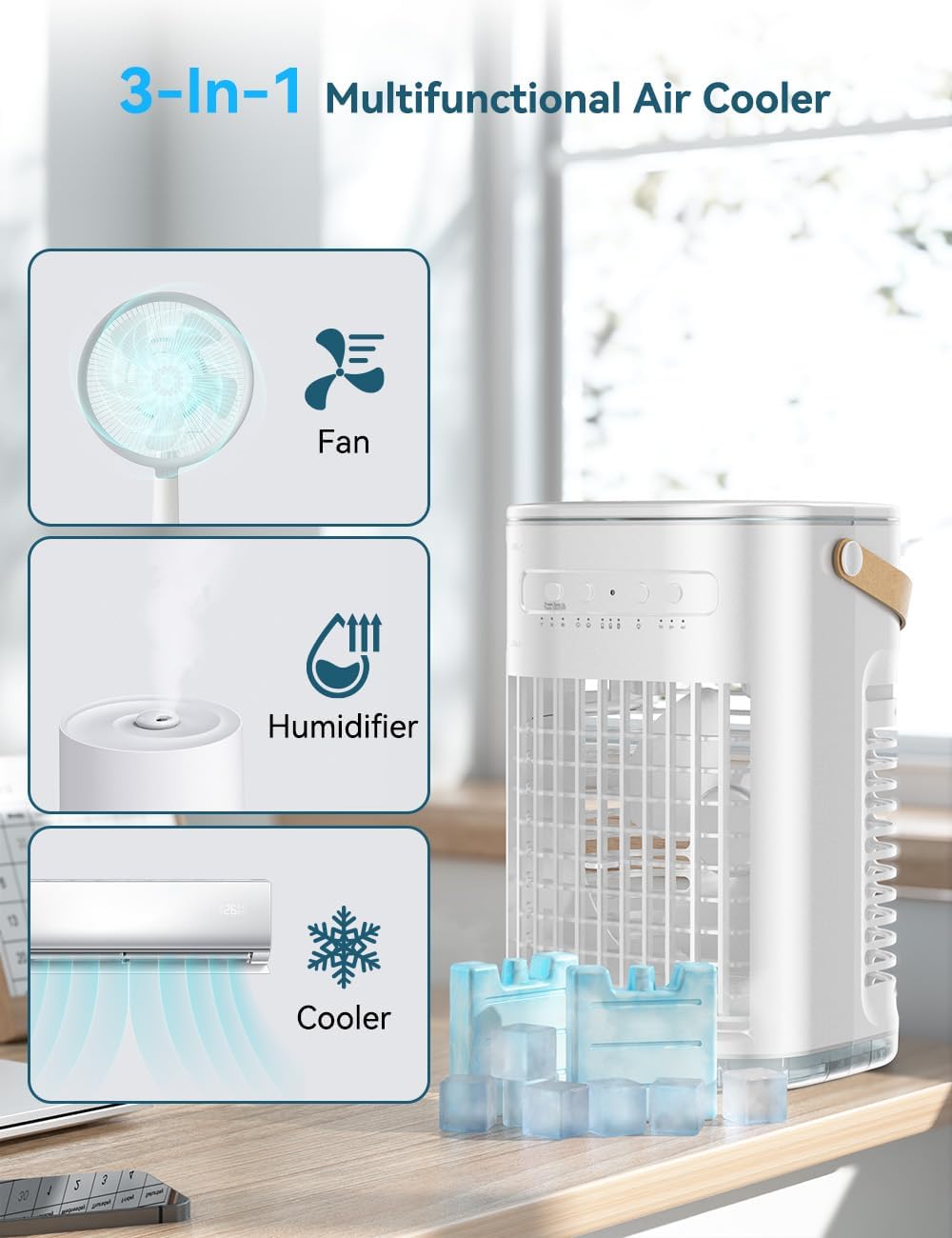 FANCOLE Mini Air Conditioner, 3 IN 1 Portable Desk Fan w/5400mAh Battery, 3 Speeds, Remote Control, Night Light, USB Powered Evaporative Air Cooler, Personal Air Conditioner for Room Bedroom Office