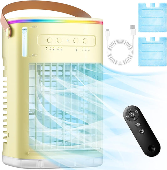 FANCOLE  Mini Air Conditioner, 3 IN 1 Portable Desk Fan w/5400mAh Battery, 3 Speeds, Remote Control, Night Light, USB Powered Evaporative Air Cooler, Personal Air Conditioner for Bedroom Yellow
