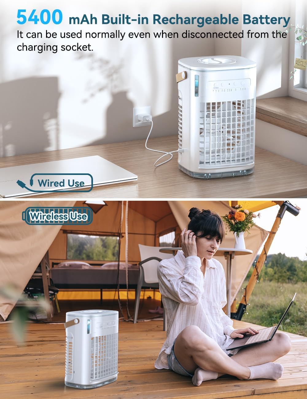 FANCOLE Mini Air Conditioner, 3 IN 1 Portable Desk Fan w/5400mAh Battery, 3 Speeds, Remote Control, Night Light, USB Powered Evaporative Air Cooler, Personal Air Conditioner for Room Bedroom Office