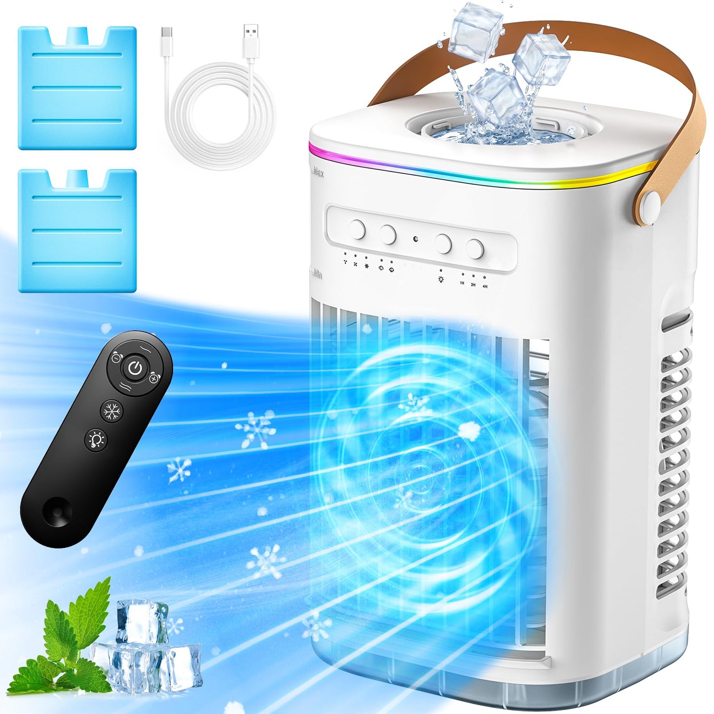 FANCOLE 4-IN-1 Personal Air Conditioner w/Remote, 2 Ice Packs, 1200ML Tank, 7H Timer for Smart Auto-Off,2 Cool Mist,3-Speed Small Portable Air Conditioner, 7-LED Light Evaporative Air Cooler for Room