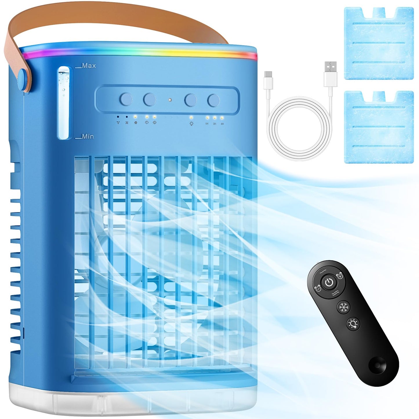 FANCOLE 3-IN-1 Personal Air Conditioner with Remote, 3 Speeds, 7-Color Night Light, USB Powered Small Air Cooler, Quiet & Powerful Cooling Fan - Blue