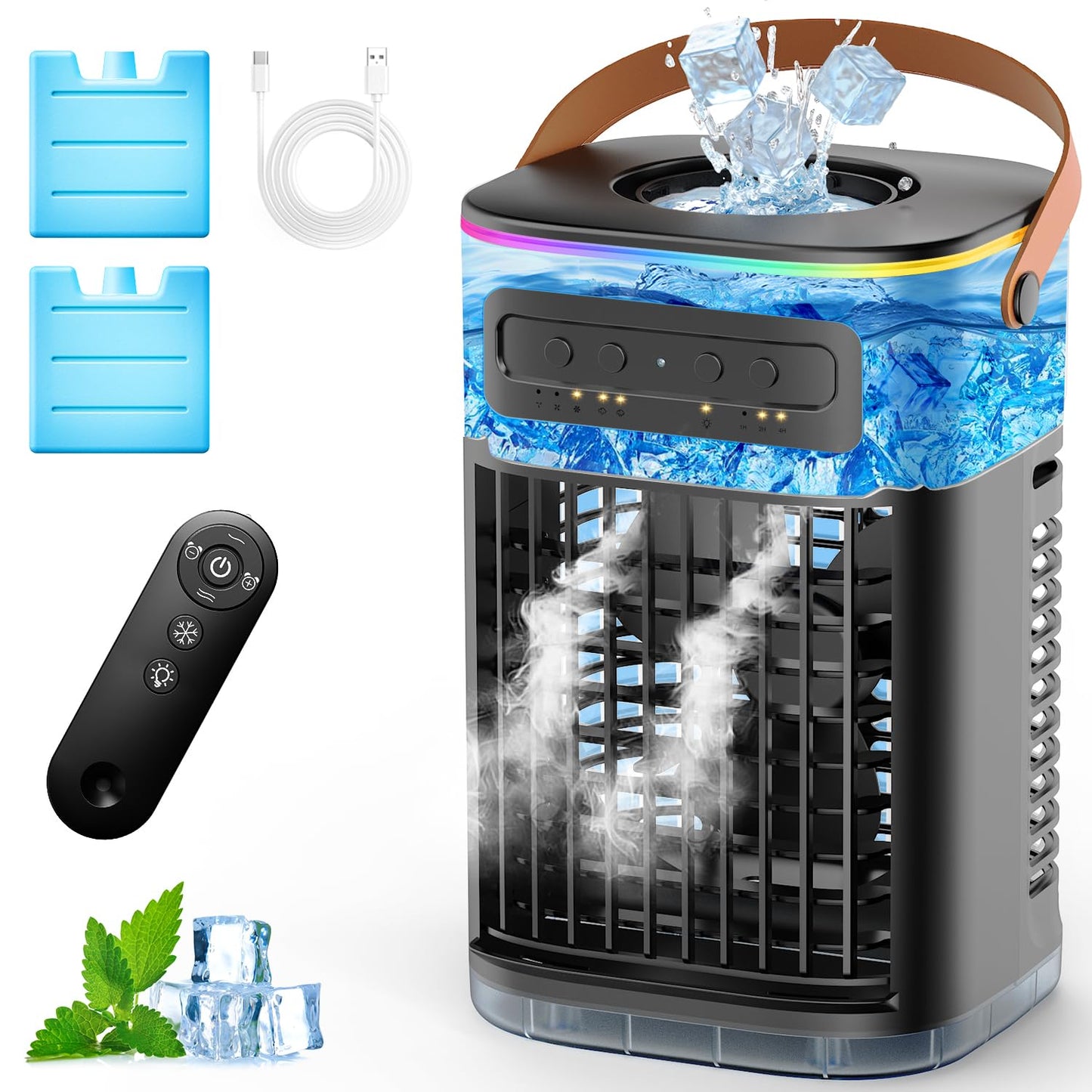 FANCOLE 4-IN-1 Small Air Conditioner w/ 2 Ice Packs, 16.5ft Remote, 1200ML Tank, 7H Smart Timer, 3Speed & 2Cool Mist Personal Air Conditioner, 7-Color Light Portable AC Unit for Bedroom Cover 100Sq.ft