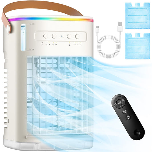 FANCOLE 3-IN-1 Personal Air Conditioner with Remote, 3 Speeds, 7-Color Night Light, USB Powered Small Air Cooler, Quiet & Powerful Cooling Fan, Mini Evaporative Air Cooler for Room Car - Off-White