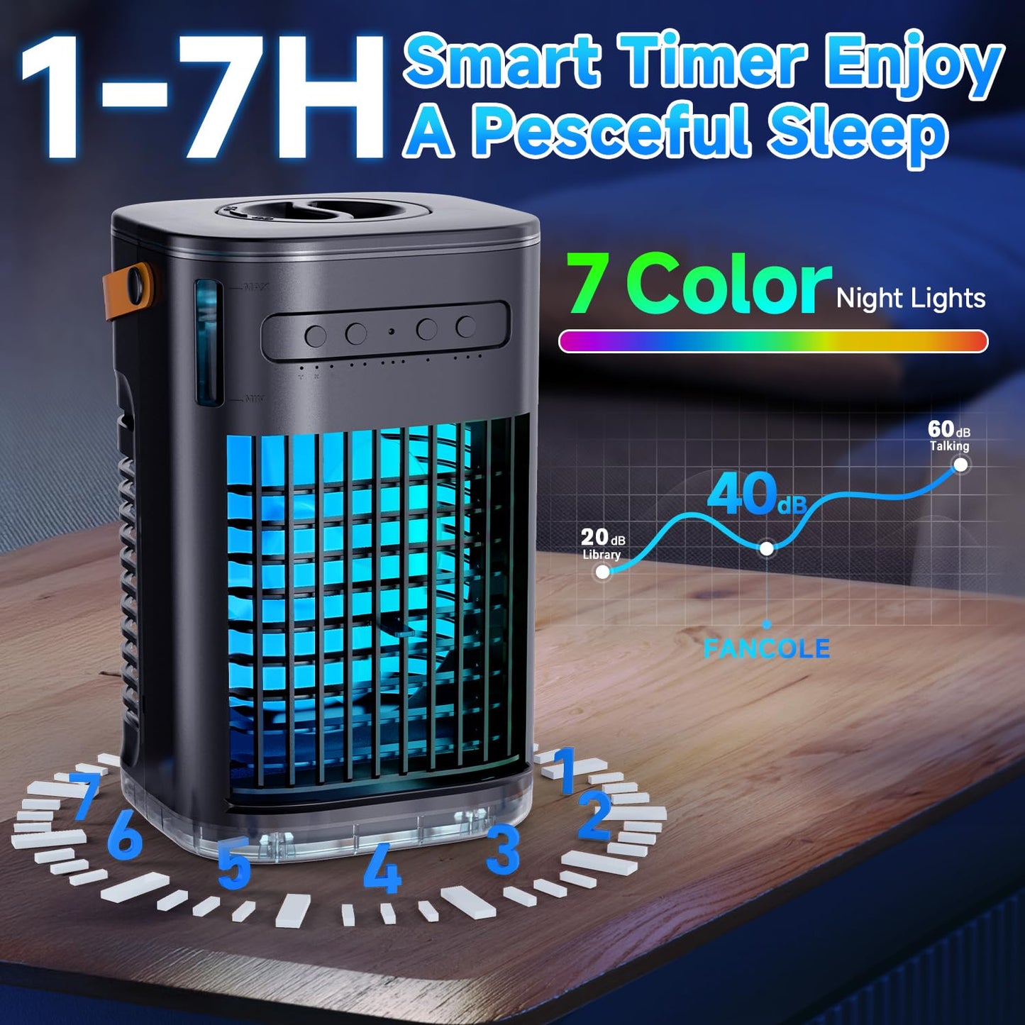 FANCOLE 4-IN-1 Small Air Conditioner w/ 2 Ice Packs, 16.5ft Remote, 1200ML Tank, 7H Smart Timer, 3Speed & 2Cool Mist Personal Air Conditioner, 7-Color Light Portable AC Unit for Bedroom Cover 100Sq.ft