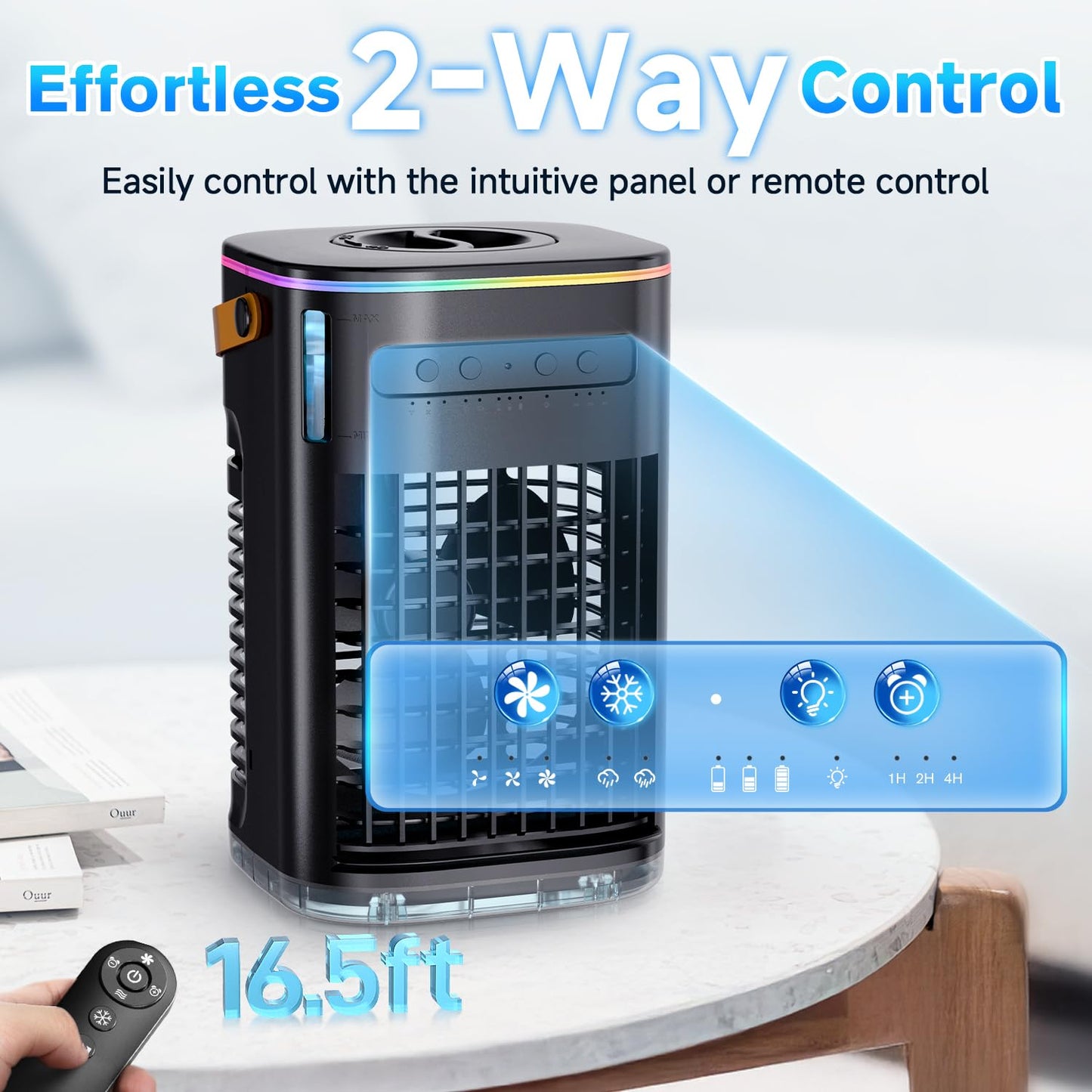 FANCOLE 4-IN-1 Small Air Conditioner w/ 2 Ice Packs, 16.5ft Remote, 1200ML Tank, 7H Smart Timer, 3Speed & 2Cool Mist Personal Air Conditioner, 7-Color Light Portable AC Unit for Bedroom Cover 100Sq.ft