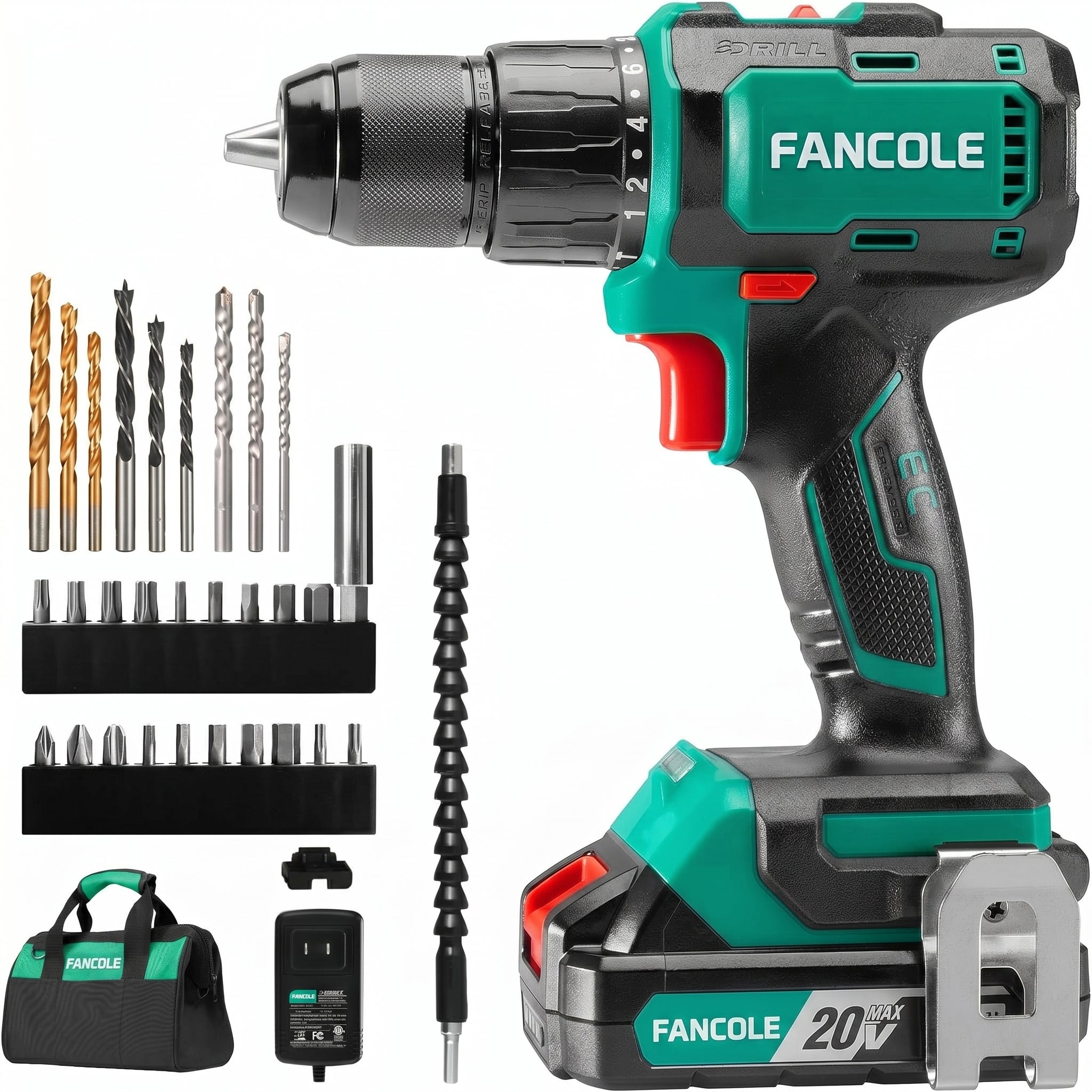 FANCOLE 20V Brushless Hammer Drill Cordless, 492 in-lb Torque Impact Drill, 1/2" All-Metal Keyless Chuck,18+1+1, (0-450/0-1800RPM)
