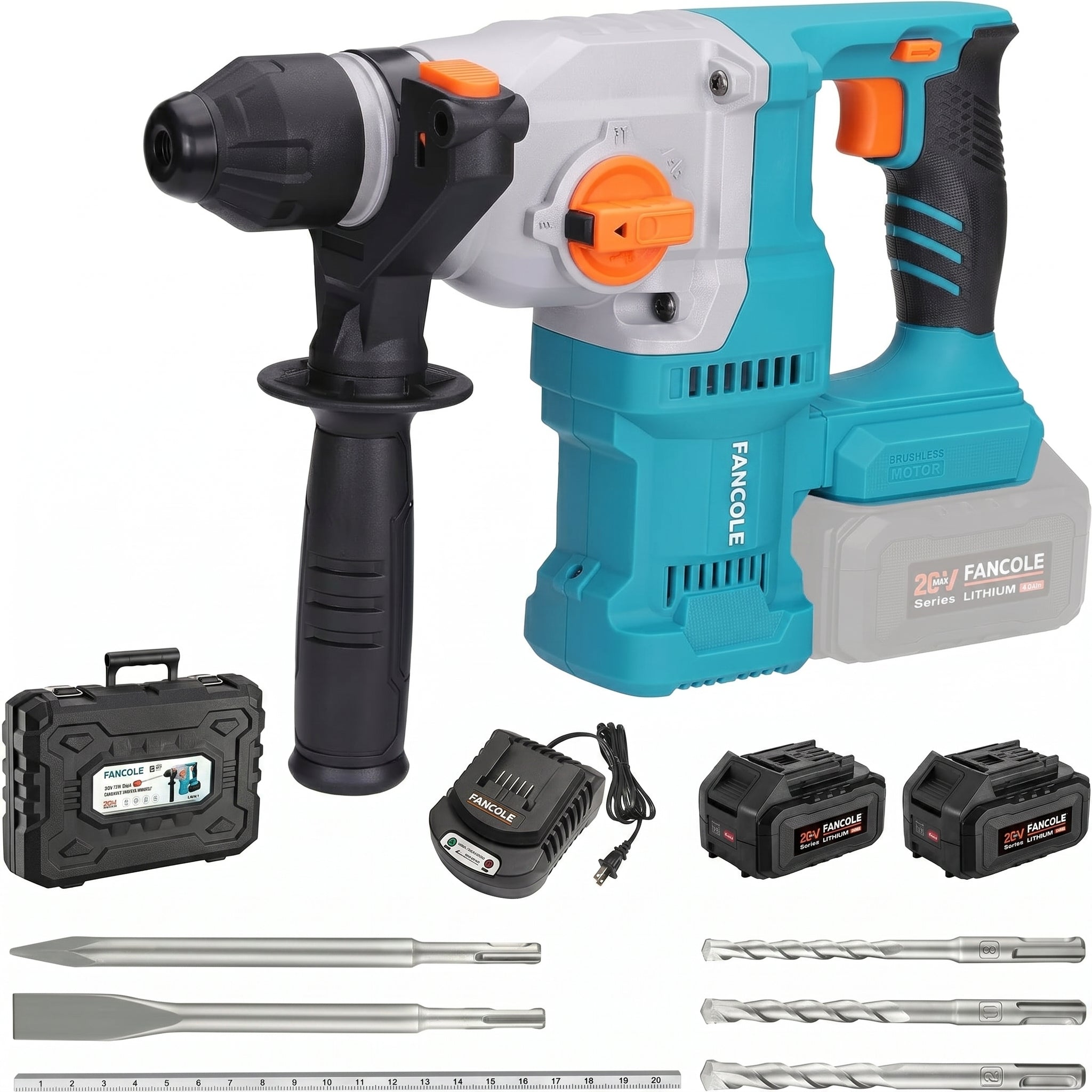 FANCOLE 1-1/8" SDS-Plus Cordless Rotary Hammer Drill for Concrete 111Plus | 2 x 20V 4.0Ah Lithium-Ion Battery Powered w/ 3A Charger
